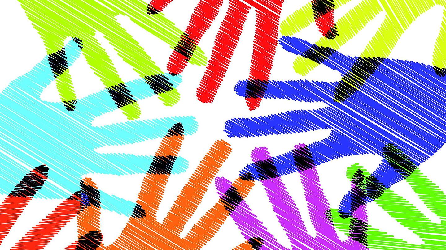 bunte Hände Grafik mit bunten Händen, die alle teils übereinander zueinander zeigen
